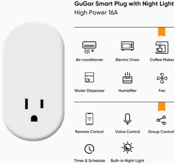 GuGar Smart Plug with Night Light, 16A Wi-Fi Socket Outlet Works with Alexa Google Home, No Hub Required, Timer Function, Dimmable LED Lights, App Remote Control Smart Home, FCC