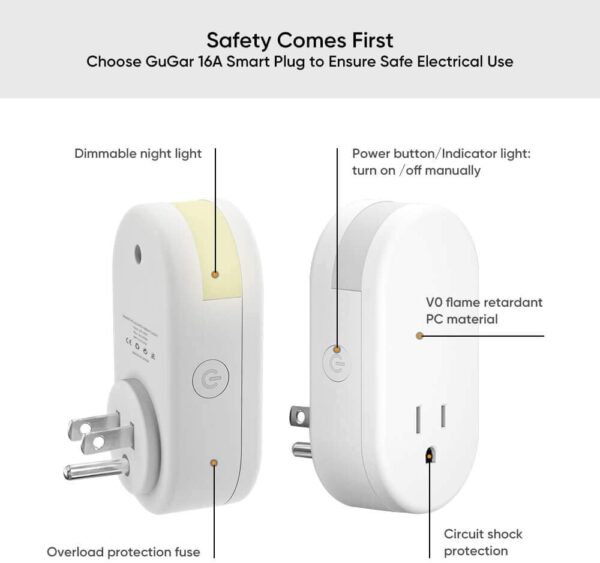 GuGar Smart Plug with Night Light, 16A Wi-Fi Socket Outlet Works with Alexa Google Home, No Hub Required, Timer Function, Dimmable LED Lights, App Remote Control Smart Home, FCC