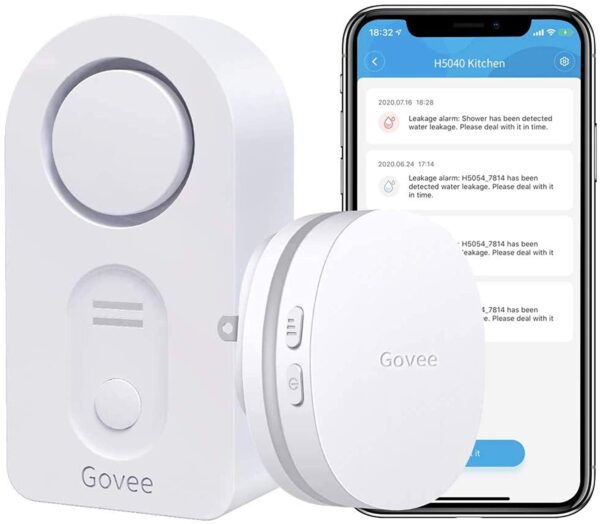 Govee WiFi Water Sensor, 100dB Adjustable Audio Alarm and Smart App Alerts, Leak and Drip Alert with Email, for Home, Basement