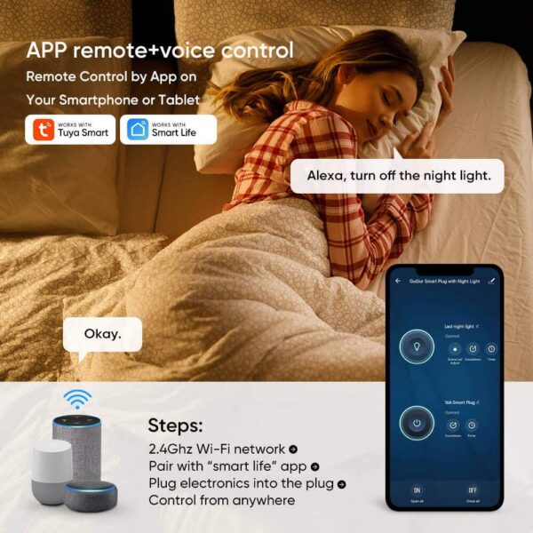 GuGar Smart Plug with Night Light, 16A Wi-Fi Socket Outlet Works with Alexa Google Home, No Hub Required, Timer Function, Dimmable LED Lights, App Remote Control Smart Home, FCC
