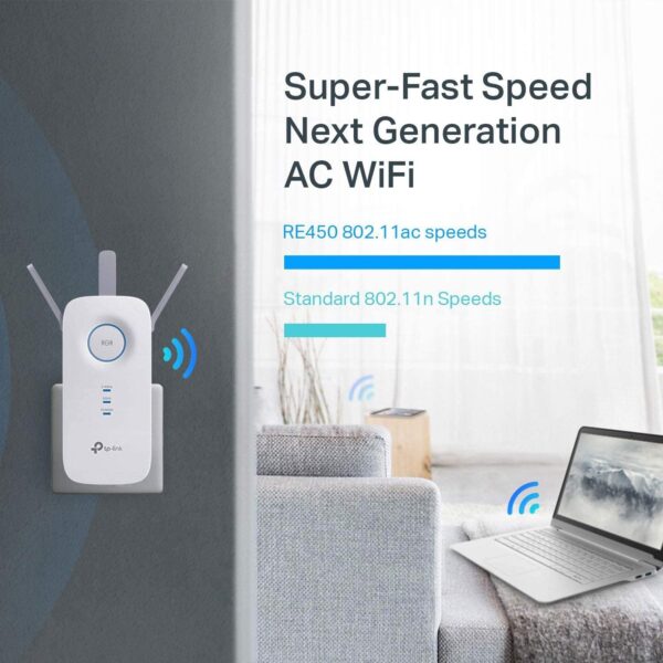 TP-Link - Wifi Extender AC1750 WiFi Extender (RE450), PCMag Editor's Choice, Up to 1750Mbps, Dual Band Wifi Range Extender, Internet Booster, Access Point, Extend Wifi Signal to Smart Home & Alexa Devices White